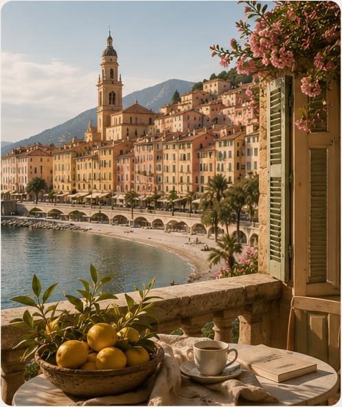 A bowl of lemons and a cup of coffee on a balcony table overlooking the pastel-coloured old town and bay of Menton on the French Riviera.