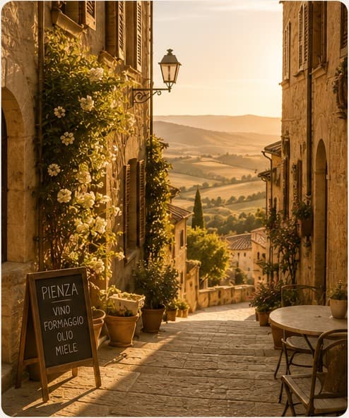 A narrow stone lane in Pienza, Tuscany at golden hour, with flowering vines on old buildings, a chalkboard café sign and rolling hills in the distance.