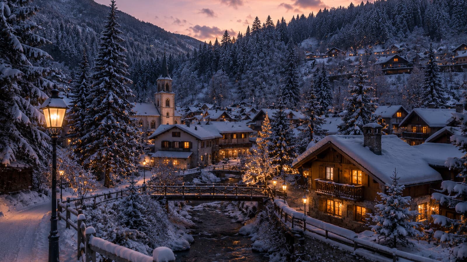 A snow-dusted pine forest town at dusk with warm light glowing from small cottage windows.
