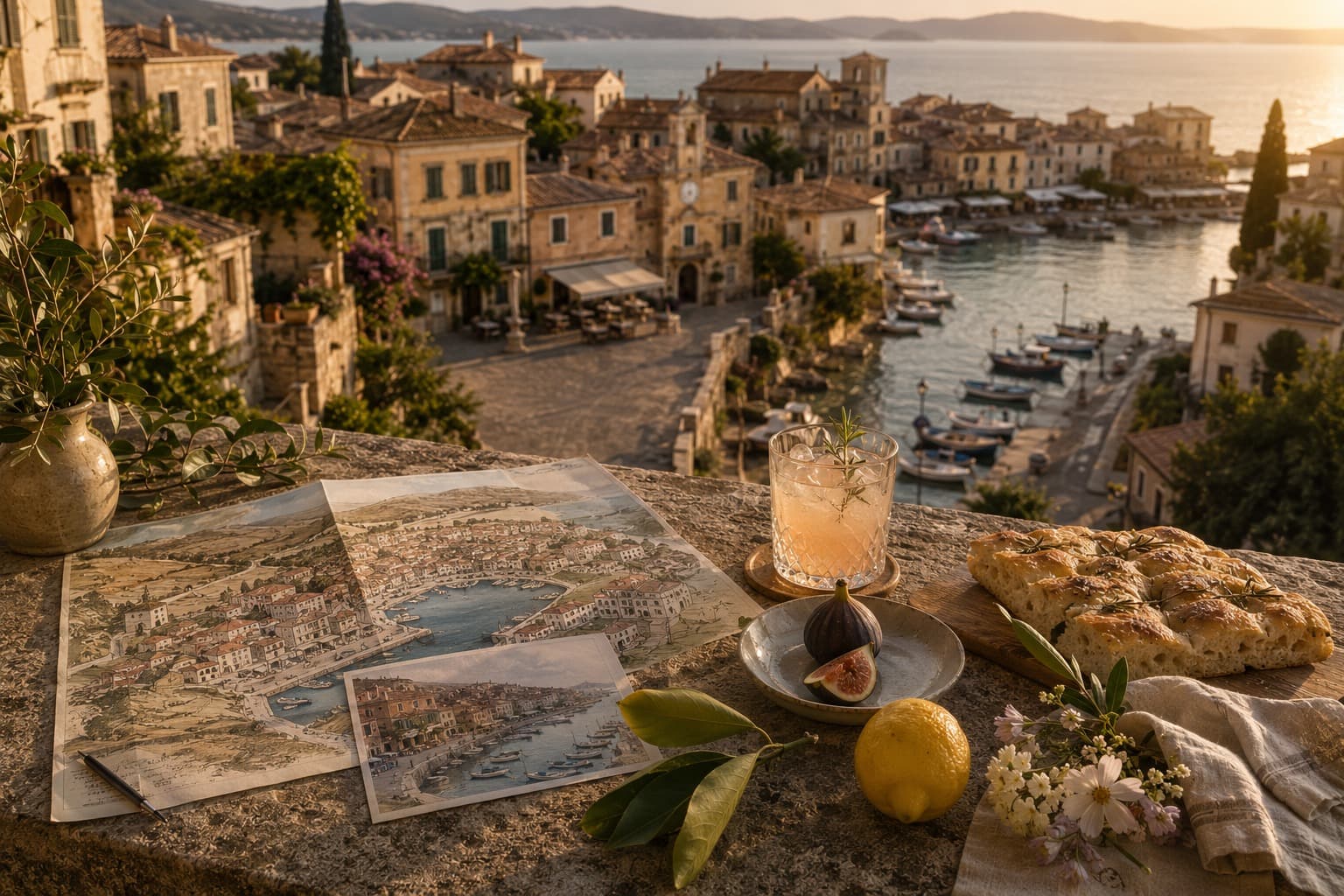 An elevated golden-hour view across Cortelume with a village map, postcard, figs, lemon, focaccia and a summer drink arranged on a stone terrace.