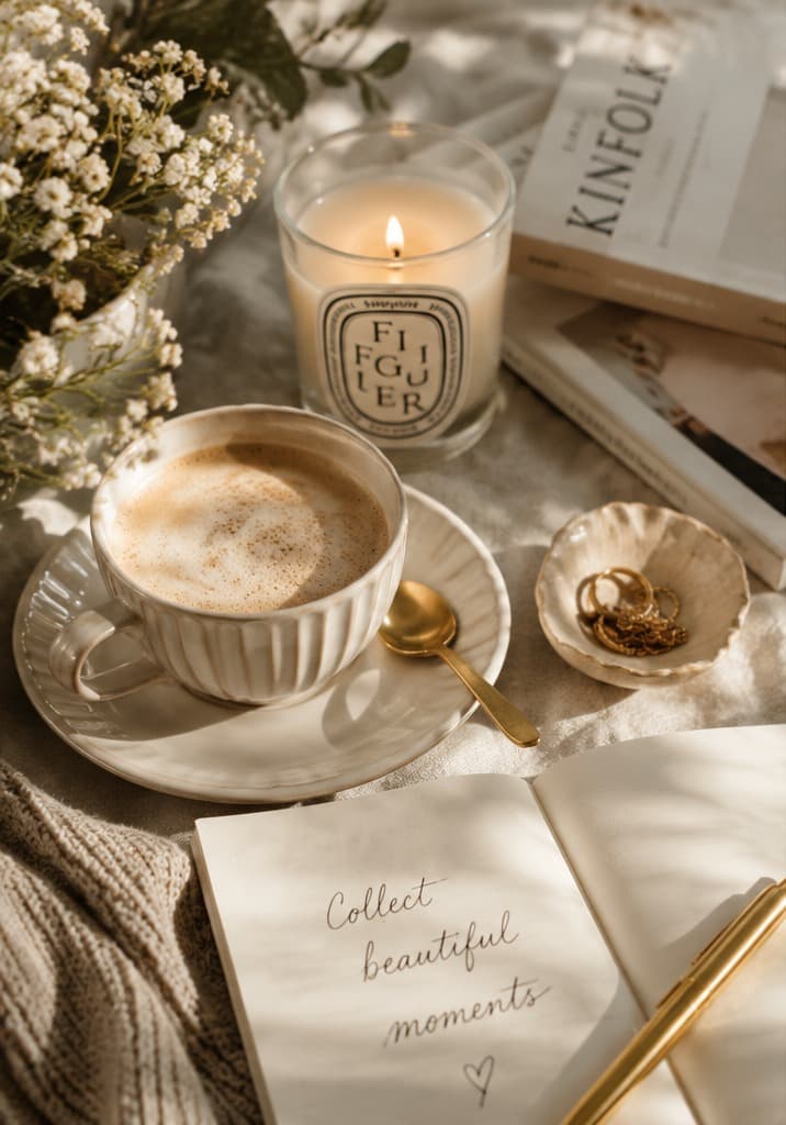 A warm still life on a linen tablecloth: a cup of coffee, a lit candle, white flowers, a stack of books including Kinfolk, gold rings in a small dish and an open notebook reading "Collect beautiful moments" beside a gold pen.