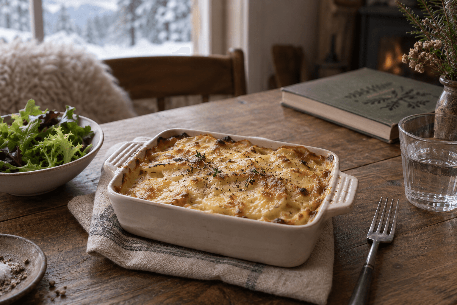 A small potato, onion and cheese bake for one, set beside a window table at Café Vesper.