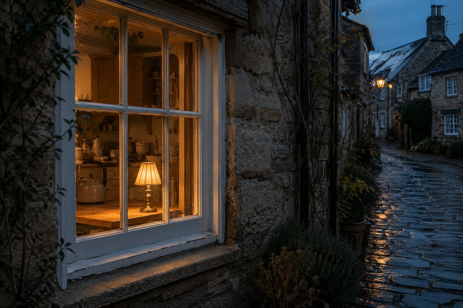 A warmly lit kitchen window glowing across a quiet English lane after autumn rain.