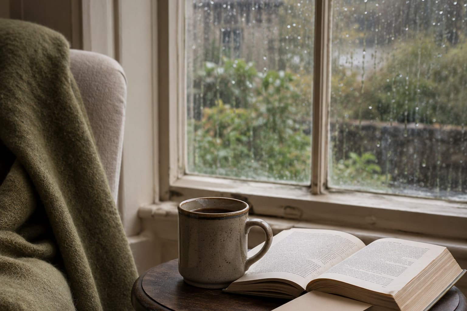 A stoneware coffee mug and open book beside a rain-streaked window in a cosy Amberfell sitting room.