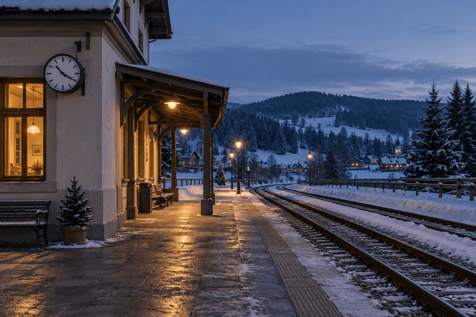 Hollowpine Station at dusk, with a lit clock, a covered platform and snow along the tracks.
