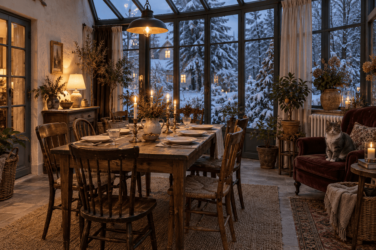 Marta's lit winter-garden table at Pension Linden, set for six, with Otto the grey cat settled in the velvet chair by the radiator.