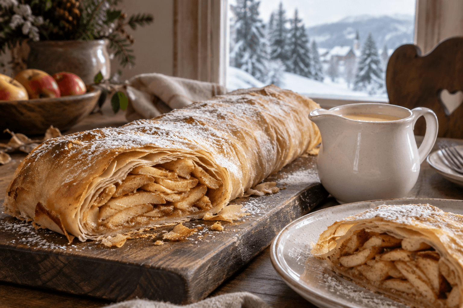 A sliced apple strudel with vanilla sauce, fresh from Marta's kitchen at Pension Linden.