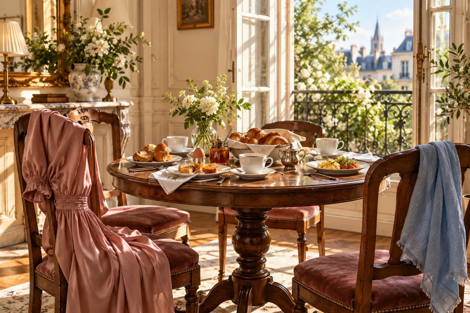 AI-created image of a sunlit breakfast table with a rose-coloured silk dress draped over a chair.