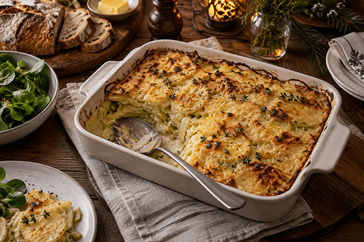 A creamy potato and leek bake with a golden top, fresh from the oven at Pension Linden.