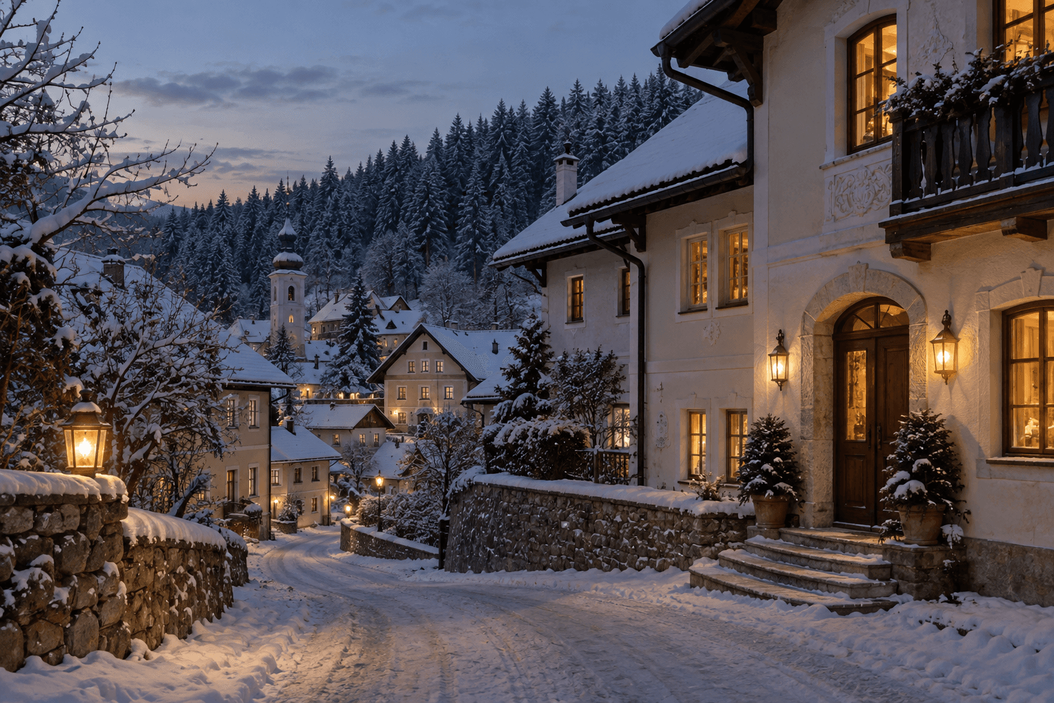 A snow-dusted pine forest town at dusk, with warm light glowing from small cottage windows.