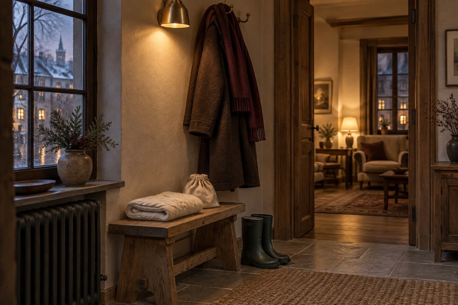 A brown coat and burgundy scarf above a wooden bench, with short green boots beside a warmly lit room.