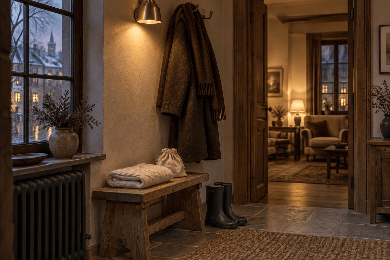A brown coat and burgundy scarf above a wooden bench, with short green boots beside a warmly lit room.