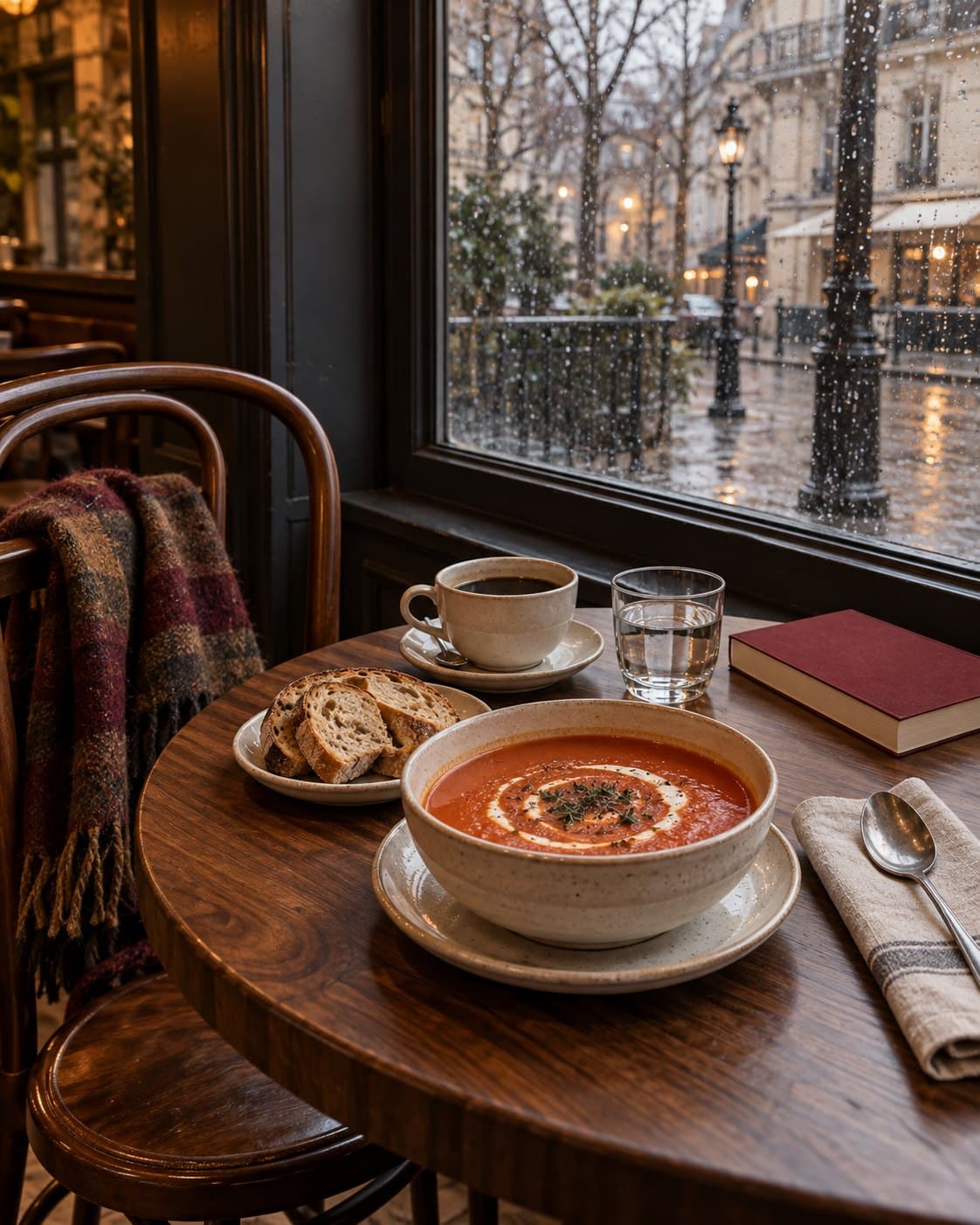 Tomato soup, bread and coffee on a café table beside a rainy window, with a closed book and a wool scarf nearby.