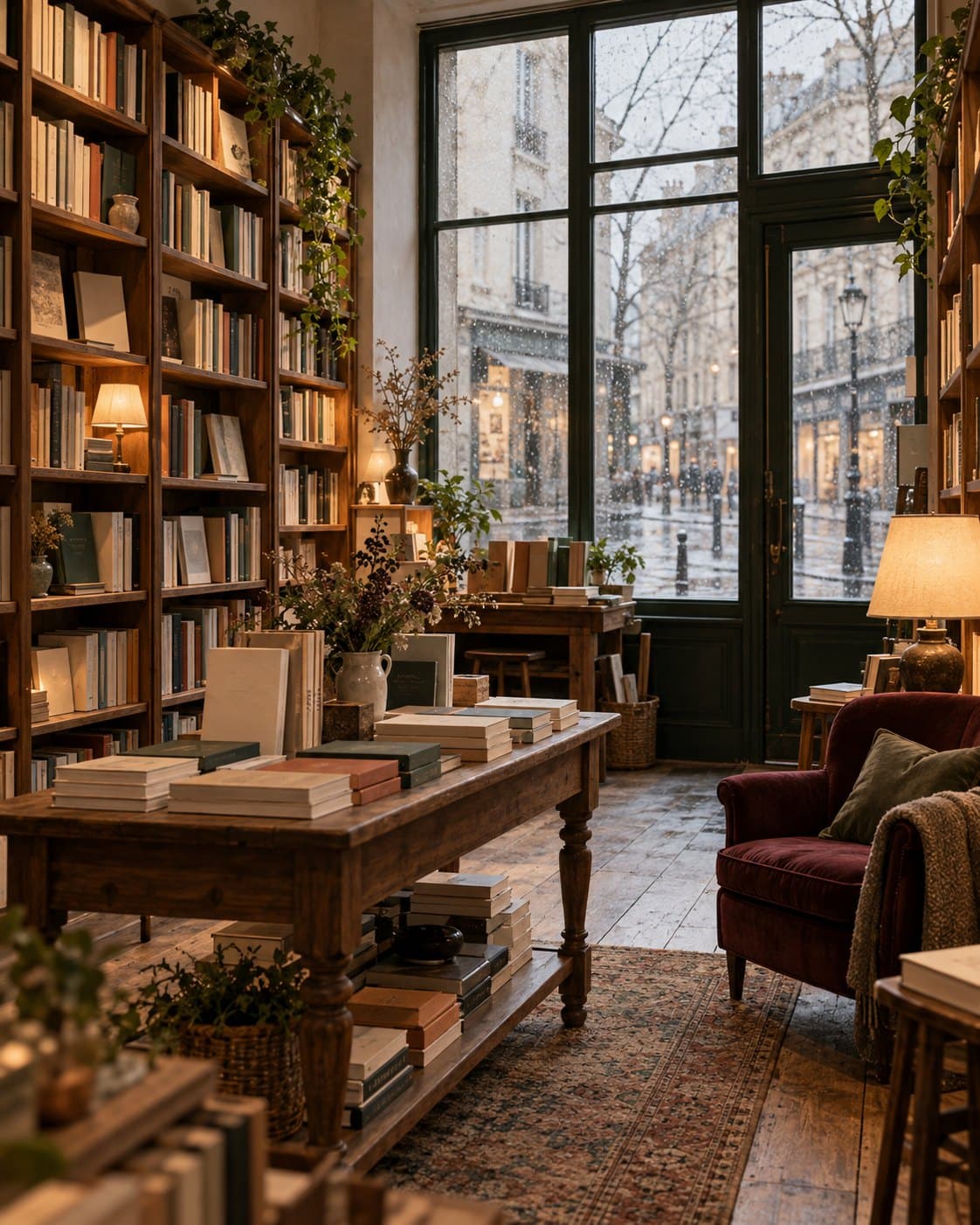 Wooden bookshop shelves and a browsing table beside rain-speckled windows, with warm lamps and a burgundy chair.