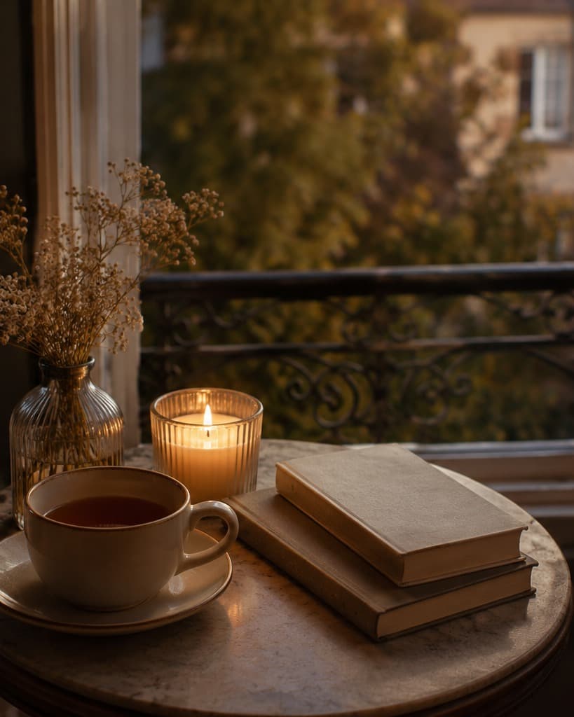 A cup of tea and a lit candle beside two books on a small table near an open window