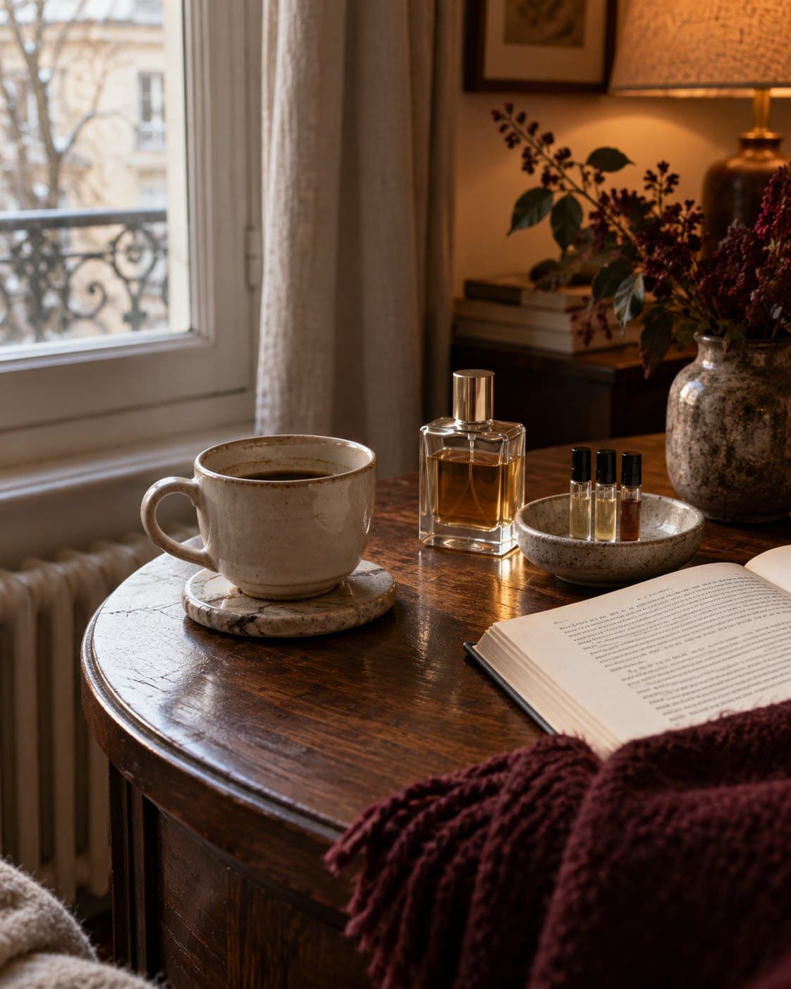 A coffee cup, unbranded perfume and samples beside an open book and a burgundy throw.
