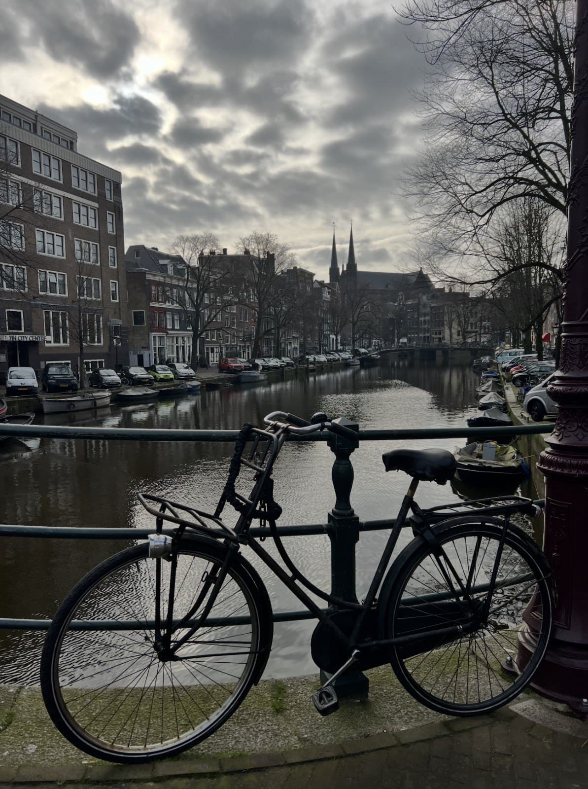 A bicycle leaning against a canal bridge railing, with church spires and canal houses in the distance under a cloudy sky