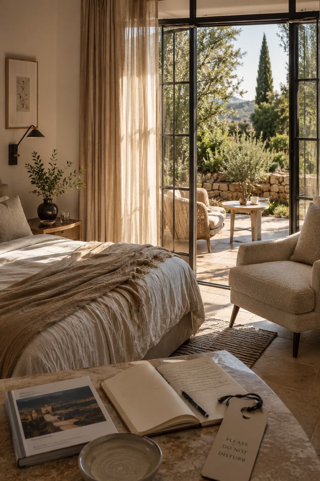 A peaceful boutique hotel room with natural linen, a reading chair and open doors leading to a private sunlit terrace.