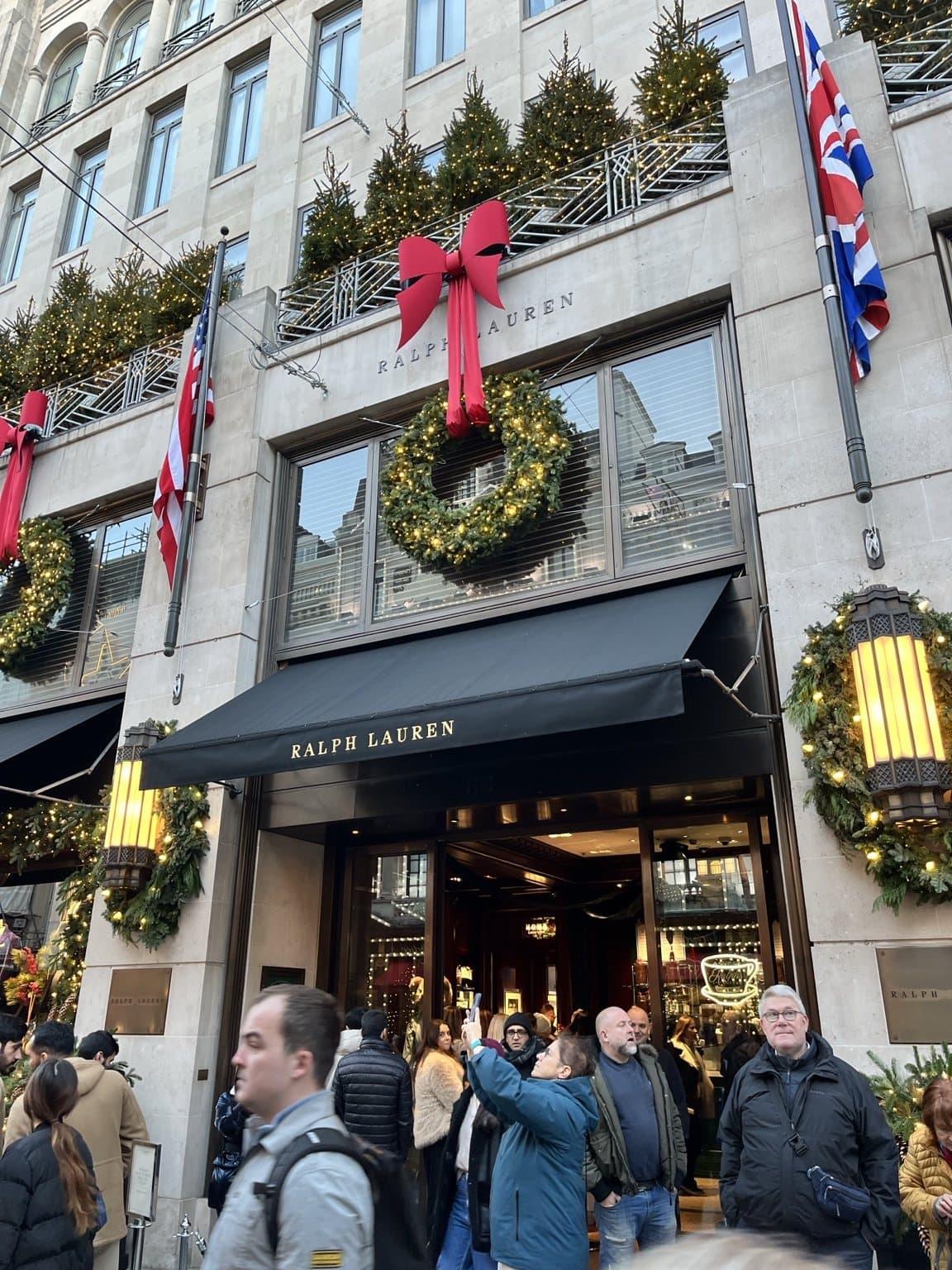 The Ralph Lauren store on Bond Street decorated with green wreaths, red bows and Union flags.