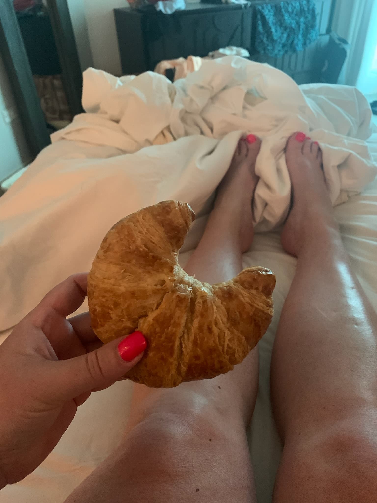 Croissant served in bed during an unplanned hotel day in Aruba