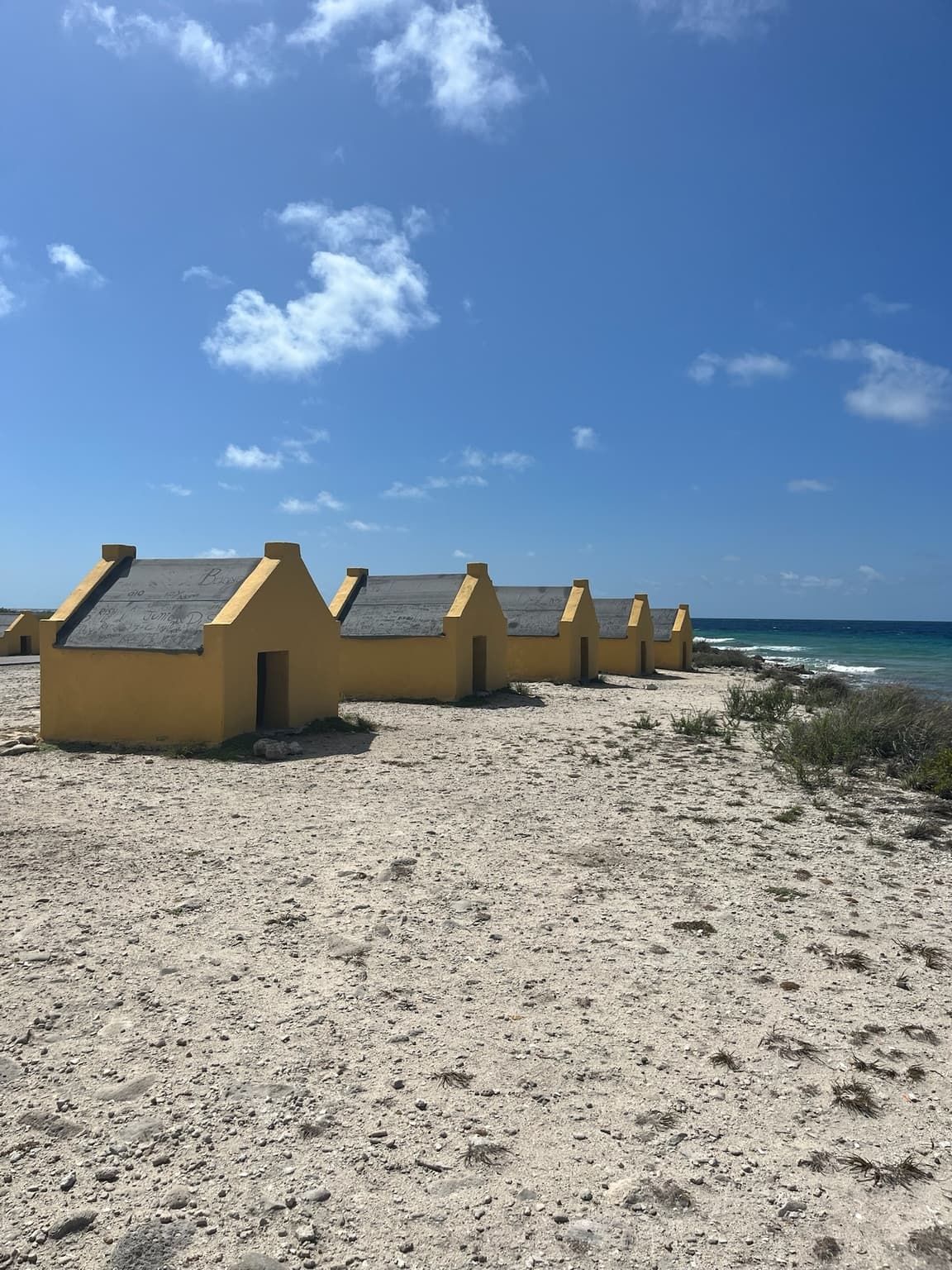 Row of small yellow huts beside a pale rocky coastline and blue sea