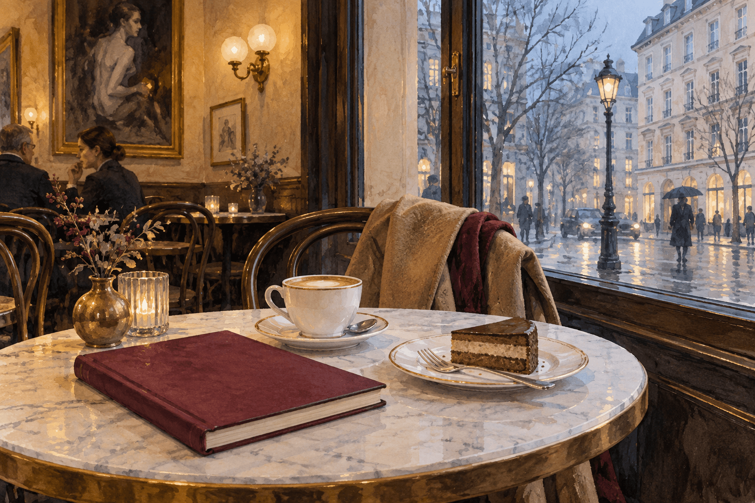Painted illustration of coffee, cake and an art book in an imagined European café on a wet winter day.