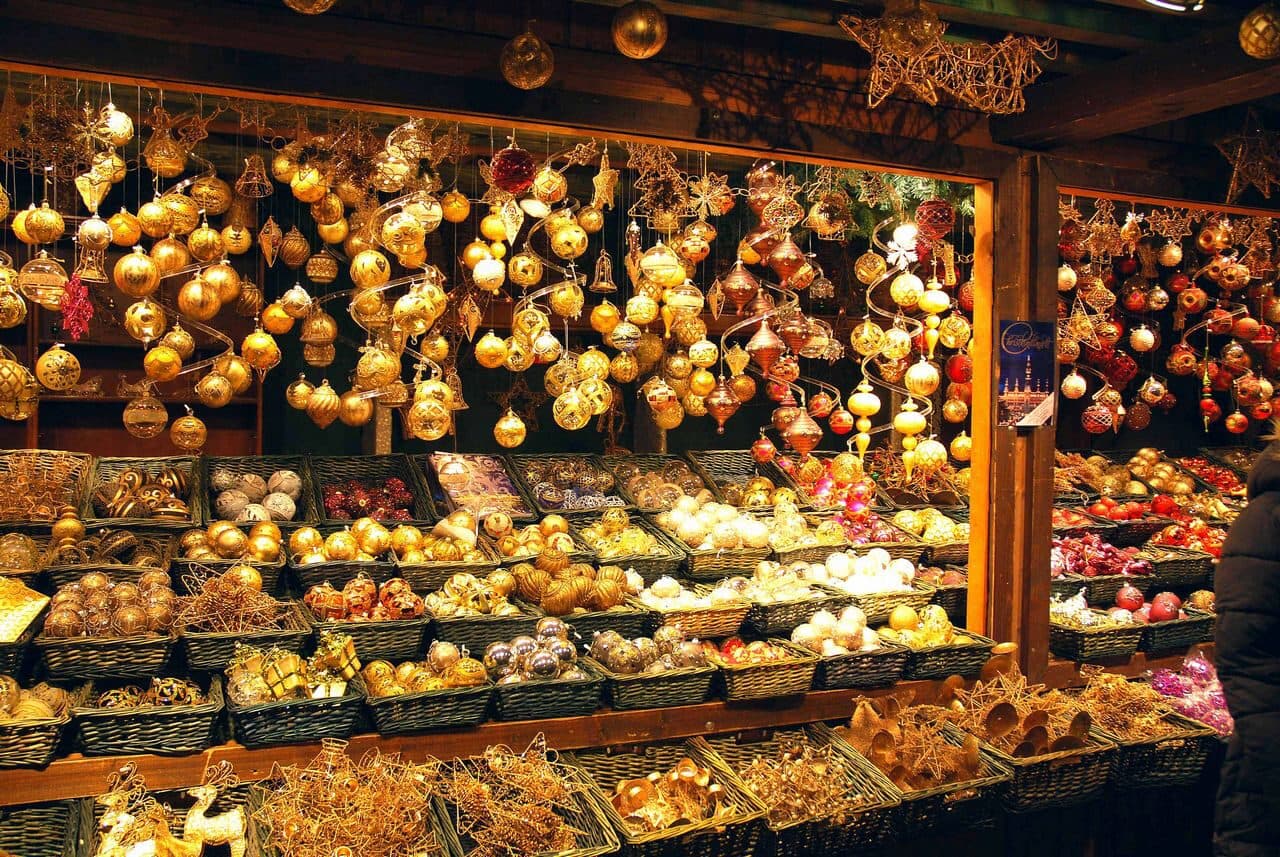A Christmas-market stall filled with baubles and ornaments in Vienna