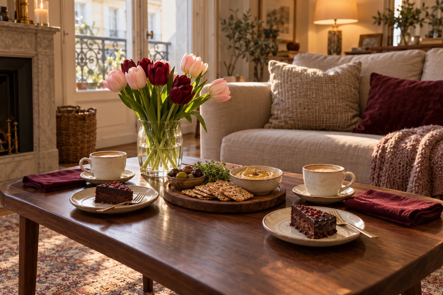 Two cups of coffee, chocolate cake, crackers, hummus and pink tulips on a living-room table.