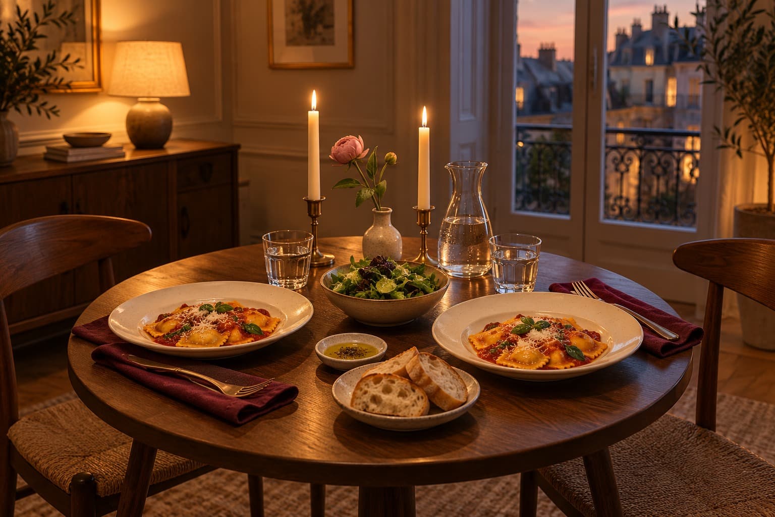 A small candlelit table set for two with ravioli, salad, bread and water.