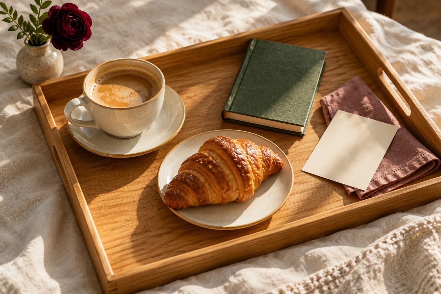 A wooden tray with coffee, a croissant, a green book and a cream note in warm sunlight.