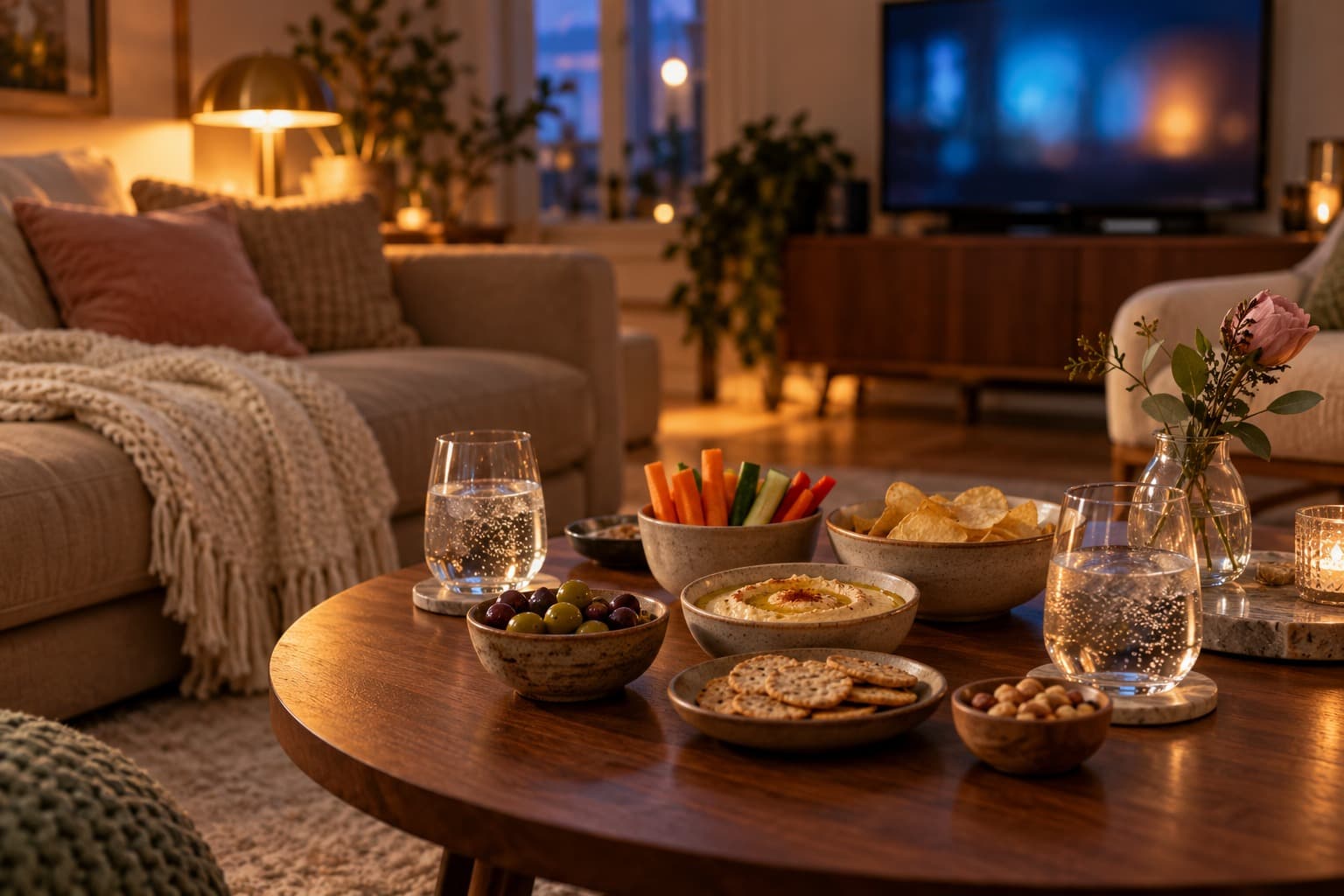 A cosy sofa and small savoury dishes on a low table, with a softly blurred television behind.