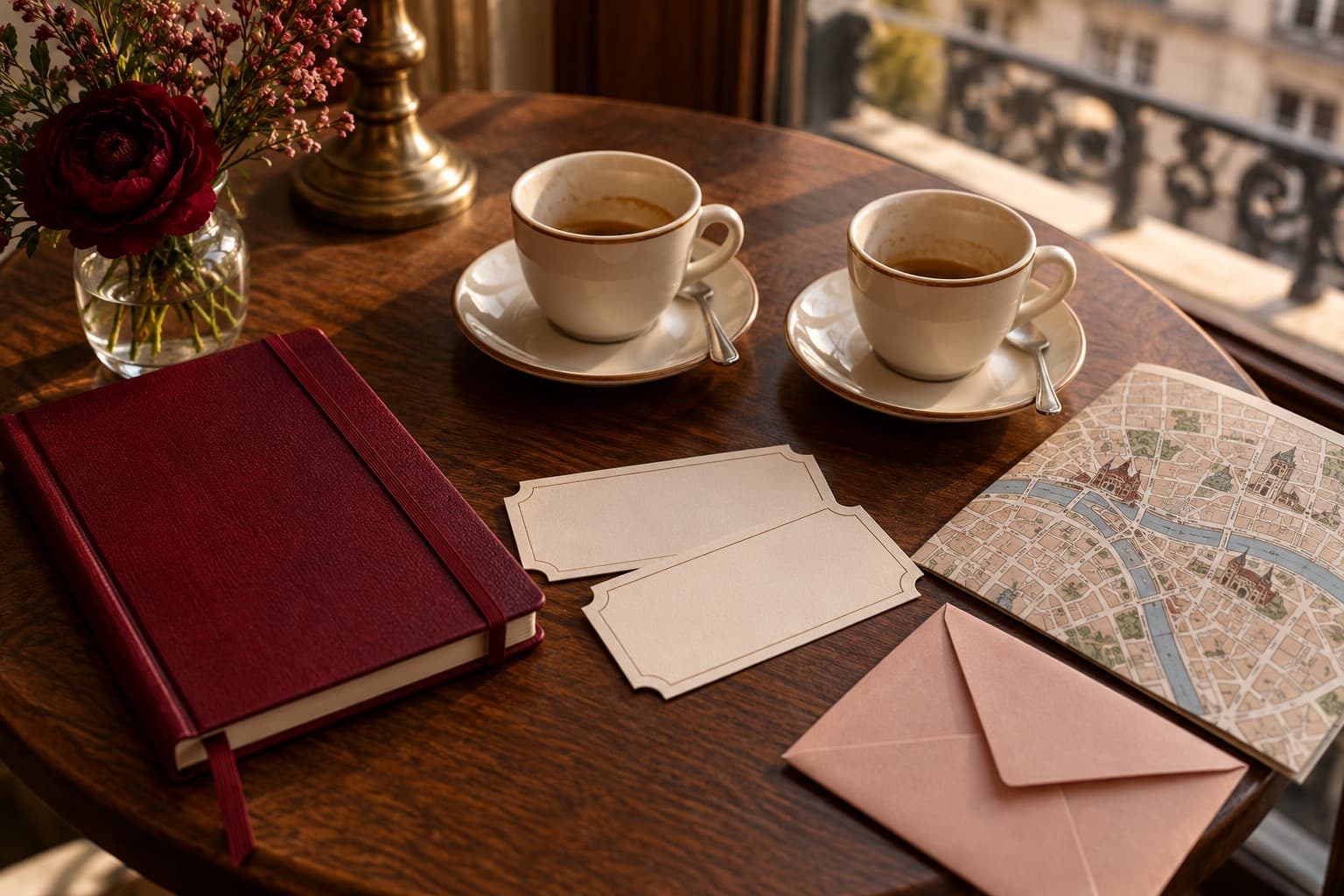 Two blank admission cards, a notebook and coffee cups on a wooden table.
