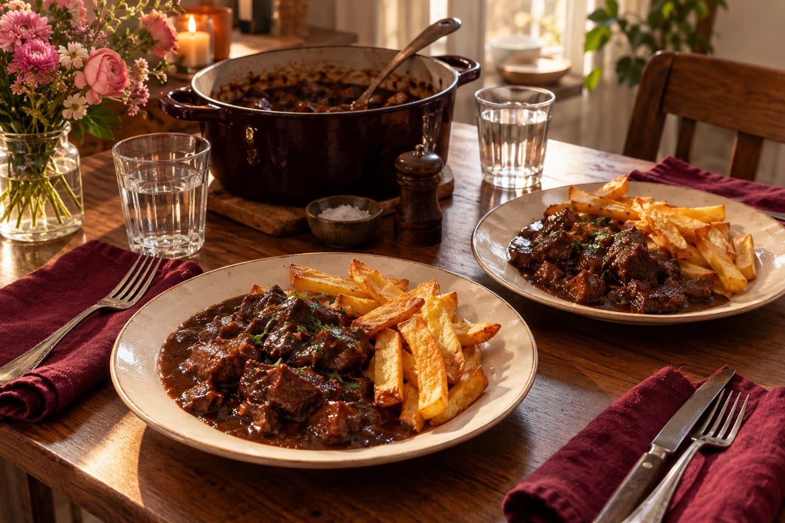 An illustrative table for two with Belgian-style beef stew and golden fries.